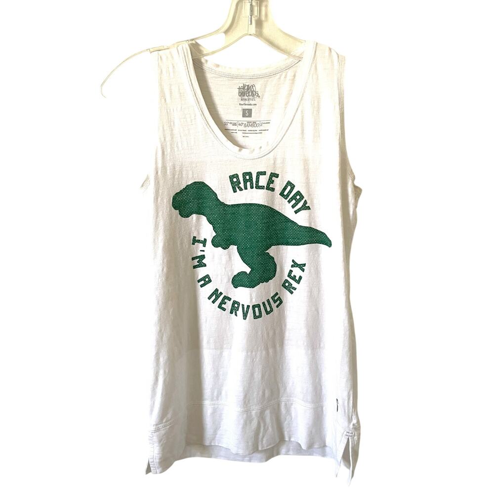 RawThreads Race Day Dinosaur Graphic Workout Tank Top White Green Size Small